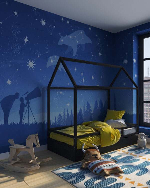 Tapete Sternenhimmel mit den Sternbilder Große und kleine Bären und Menschen, die durch ein Teleskop schauen fürs Kinderzimmer