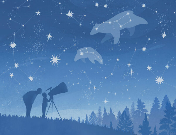 Kindertapete Sternenhimmel mit den Sternbilder Große und kleine Bären über dem Wald und Menschen schauen durch ein Teleskop