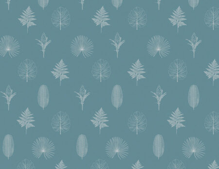 Minimalistische handgezeichnete Umrisse von Blättern und Pflanzen als gemusterte Fototapete auf blauem Hintergrund