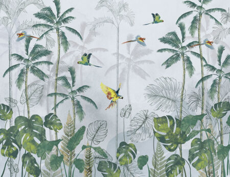 Fototapete mit bunten Papageien, die in den grünen Tropen fliegen auf grauem Hintergrund