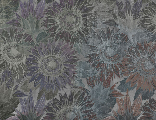 Designer Fototapete mit bemalten Sonnenblumen in Grautönen