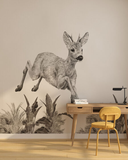 Designer Tapeten mit gemaltem Hirsch und Pflanzen für ein Jugendzimmer