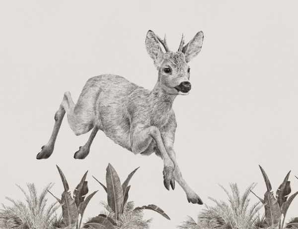 Designer Tapeten mit gemaltem Hirsch und Pflanzen auf beigem Hintergrund