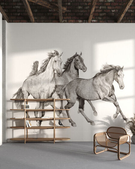Exklusiv Tapeten mit drei Pferden auf beigem Hintergrund für Wohnzimmer