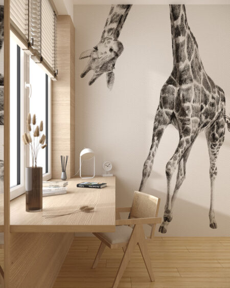 Designer Tapete mit einer gemalten Giraffe auf beigem Hintergrund für ein Jugendzimmer