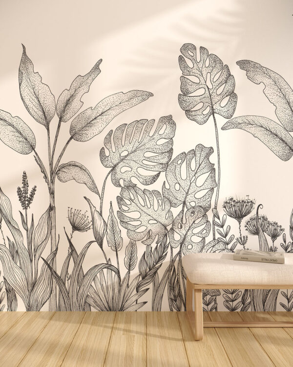 Design Tapete mit grafischen Pflanzen der Tropen für das Wohnzimmer