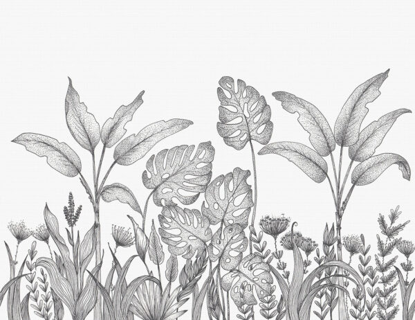 Design Tapete mit grafischen Pflanzen der Tropen auf weißem Hintergrund
