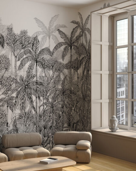 Fototapete Dschungel mit grafischen Palmen und anderen Pflanzen für das Wohnzimmer