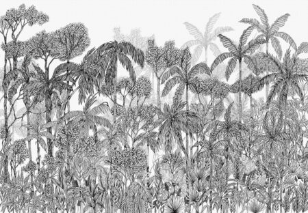 Fototapete Dschungel mit grafischen Palmen und anderen Pflanzen auf weißem Hintergrund