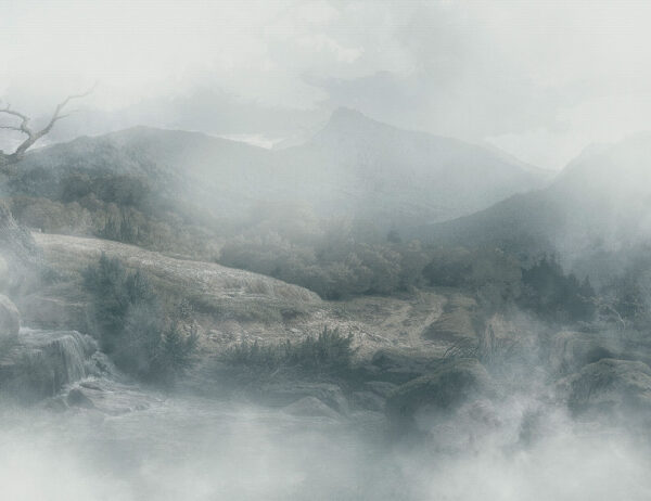 Fototapete Natur mit Berglandschaft im Nebel in Grau-Grün-Tönen