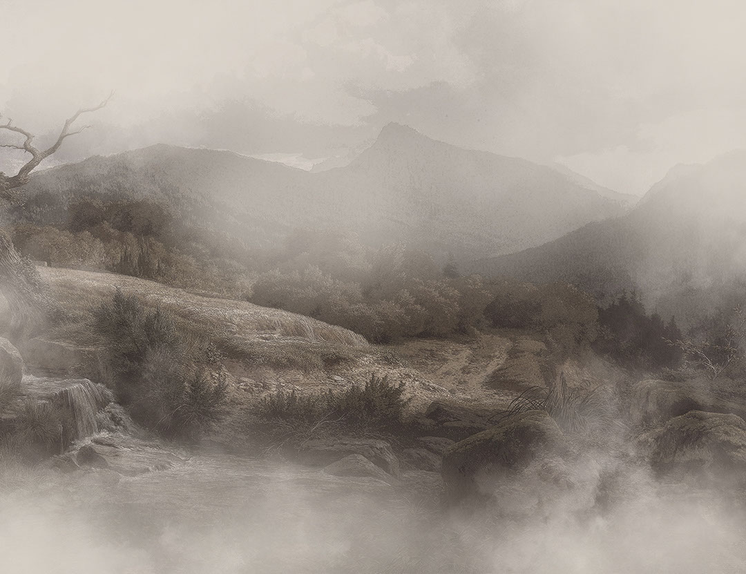 Wiese und Berge im Nebel Natur Fototapeten