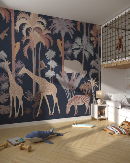 Fototapete Dschungel mit gemalten verschiedenen Tiere, Palmen und Pflanzen für ein Kinderzimmer