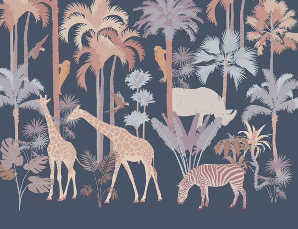 Fototapete Dschungel mit gemalten verschiedenen Tiere, Palmen und Pflanzen auf dunkelblauem Hintergrund