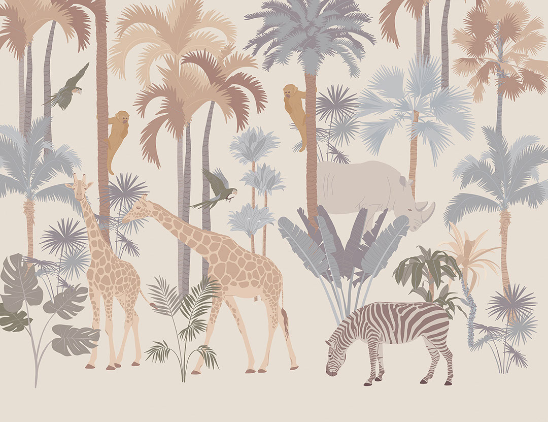 Savanna Fototapete mit Palmen, Giraffen und Affen auf beigem Hintergrund