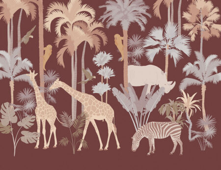 Savanna Fototapete mit Palmen, Giraffen und Affen auf braunem Hintergrund