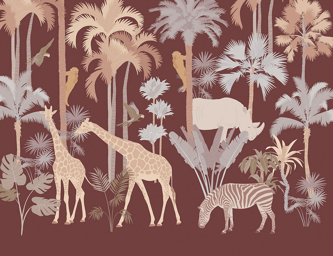 Savanna Fototapete mit Palmen, Giraffen und Affen auf braunem Hintergrund