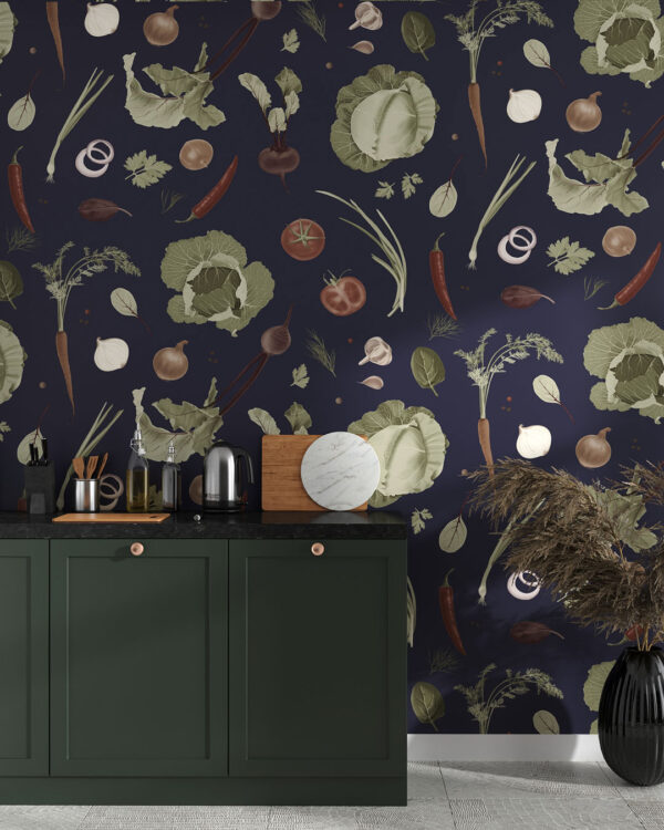 Moderne Designer Tapeten Muster mit gemaltem buntem Gemüse für die Küche