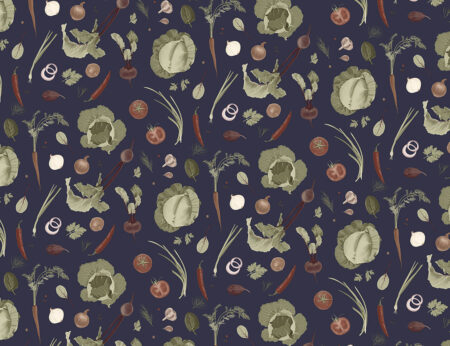 Moderne Designer Tapeten Muster mit gemaltem buntem Gemüse auf dunkelblauem Hintergrund