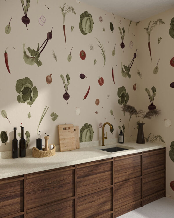 Exklusive Tapeten Muster mit gemaltem buntem Gemüse für die Küche