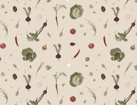 Exklusive Tapeten Muster mit gemaltem buntem Gemüse auf beigem Hintergrund