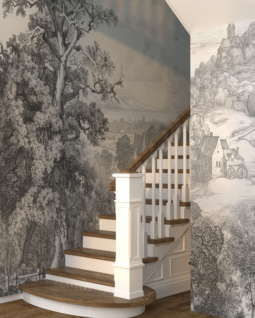 Designer Tapeten mit einem grafischen Bild eines Waldes vor einer ländlichen Landschaft für das Wohnzimmer