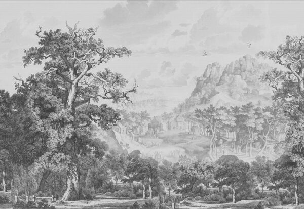 Designer Tapeten mit einem grafischen Bild eines Waldes vor einer Berglandschaft in Grautönen