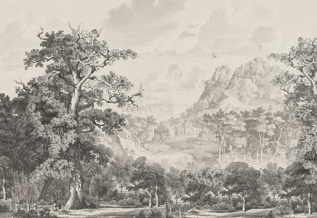 Vintage Radierung Wald und Berge Fototapete
