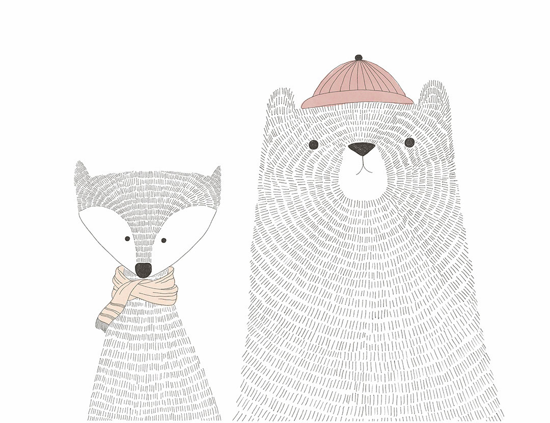 Minimalistische handgezeichnete Bär- und Hasen-Kinder-Fototapete