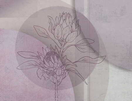 Übergroße florale Fototapete mit Protea und violettem geometrischem Hintergrund