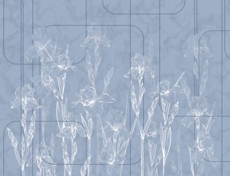 Minimalistische Irisblüten blau Fototapete im Art-Deco-Stil