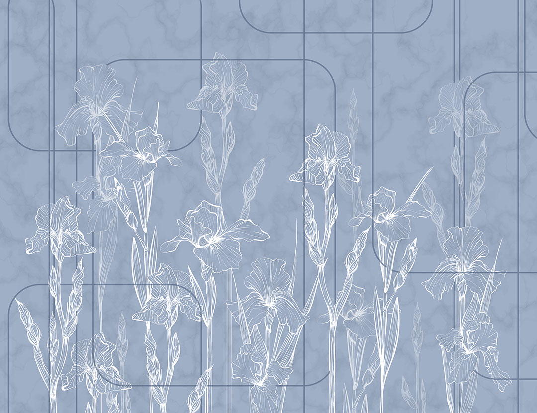 Minimalistische Irisblüten blau Fototapete im Art-Deco-Stil