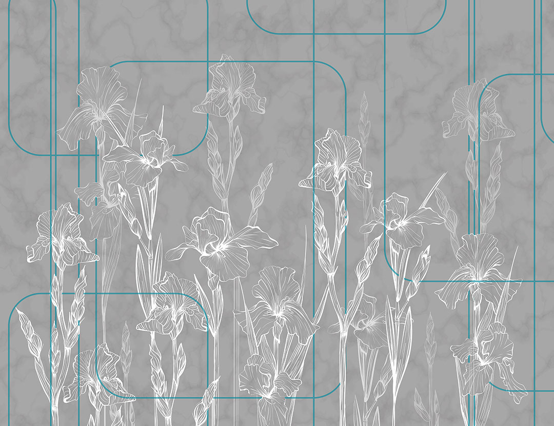 Minimalistische Irisblüten graue Fototapete im Art-Deco-Stil
