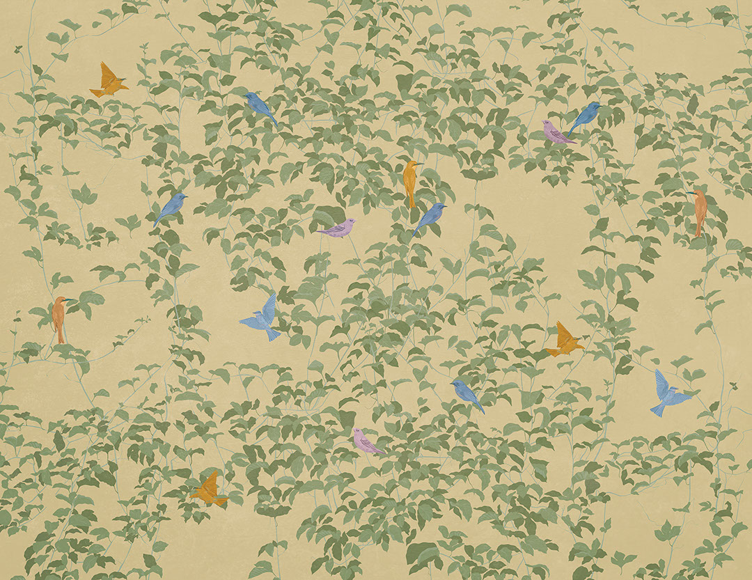 Botanische Fototapete im Chinoiserie-Stil mit bunten Vögeln auf beigem Hintergrund