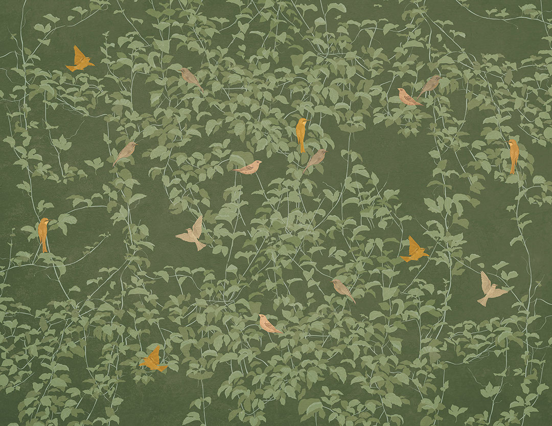 Botanische Fototapete im Chinoiserie-Stil mit bunten Vögeln auf grünem Hintergrund