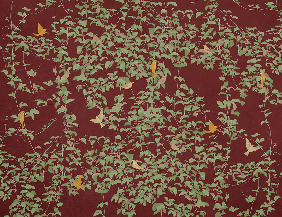 Botanische Fototapete im Chinoiserie-Stil mit bunten Vögeln auf rotem Hintergrund