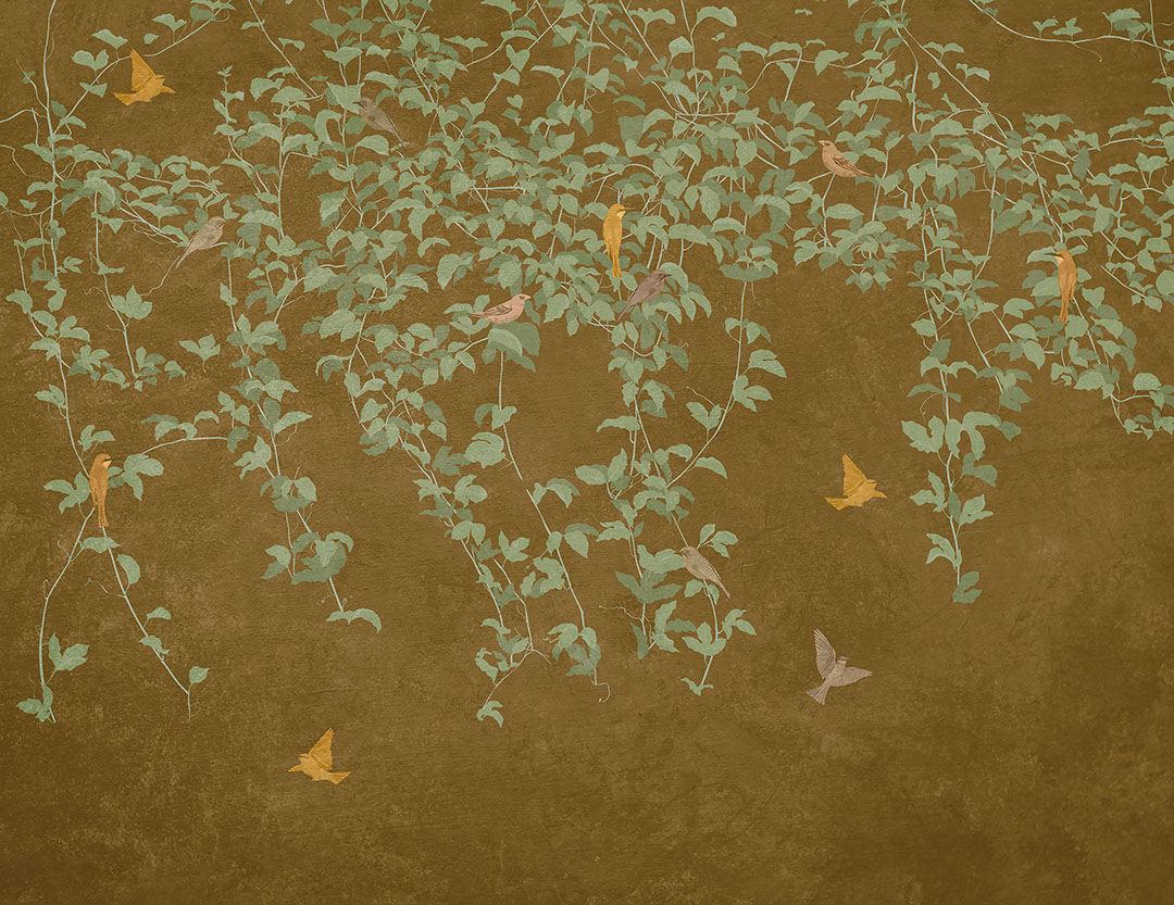 Botanische Fototapeten im Chinoiserie-Stil mit Vögeln auf braunem Hintergrund