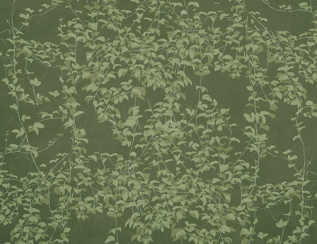 Botanische Fototapete im Chinoiserie-Stil auf grünem Hintergrund