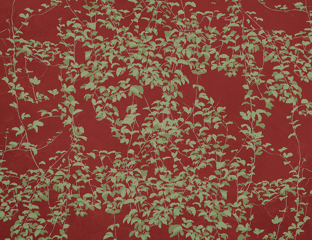 Botanische Fototapete im Chinoiserie-Stil auf rotem Hintergrund