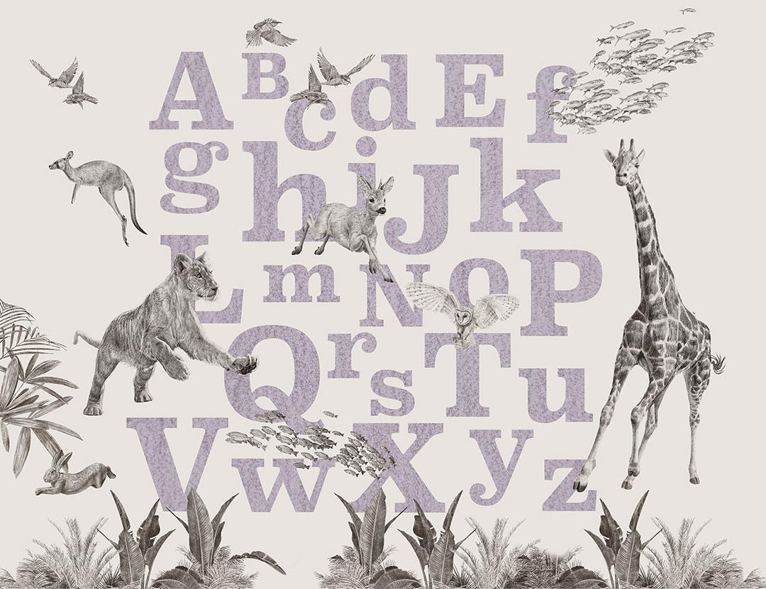 Violette englische Alphabet-Fototapete mit detailreichen Tieren