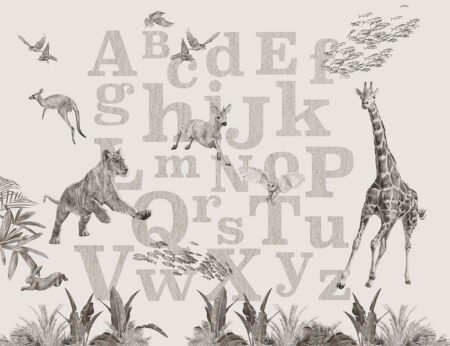 Graue englische Alphabet-Fototapete mit detaillierten Tieren
