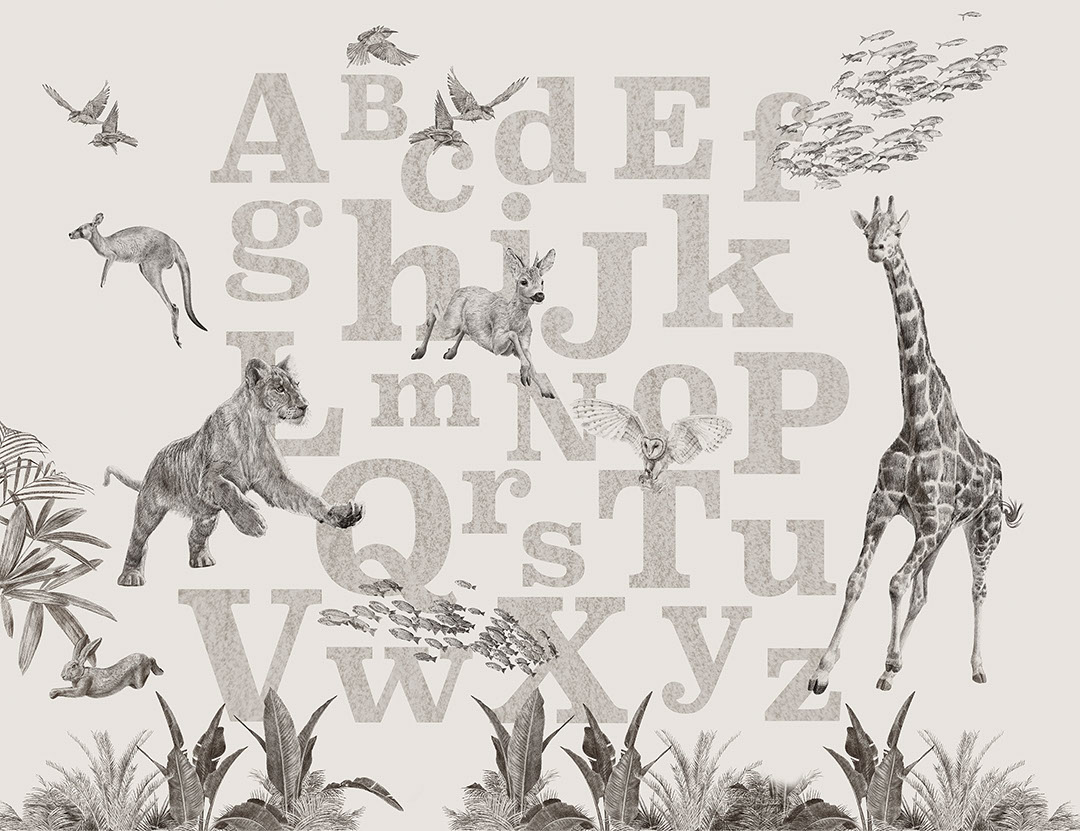 Graue englische Alphabet-Fototapete mit detaillierten Tieren