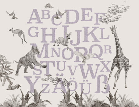 Violette deutsche Alphabet-Fototapete mit detailreichen Tieren