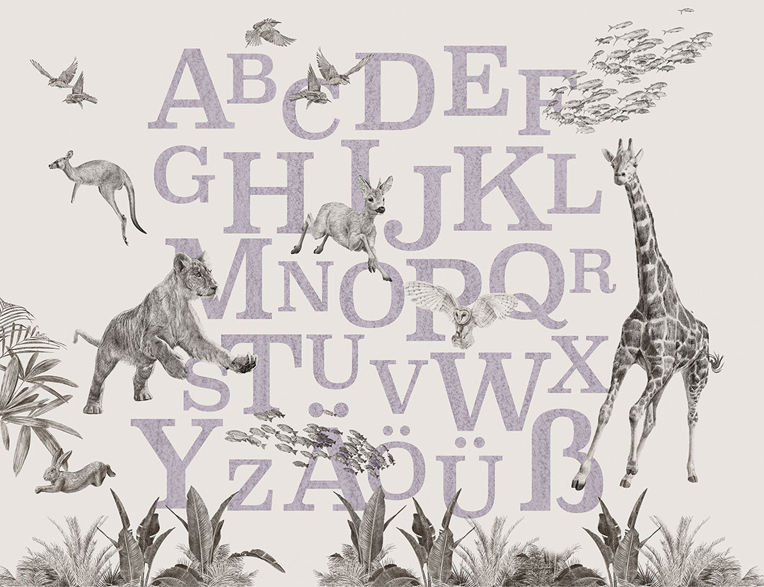 Violette deutsche Alphabet-Fototapete mit detailreichen Tieren