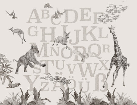 Graue deutsche Alphabet-Fototapete mit detaillierten Tieren