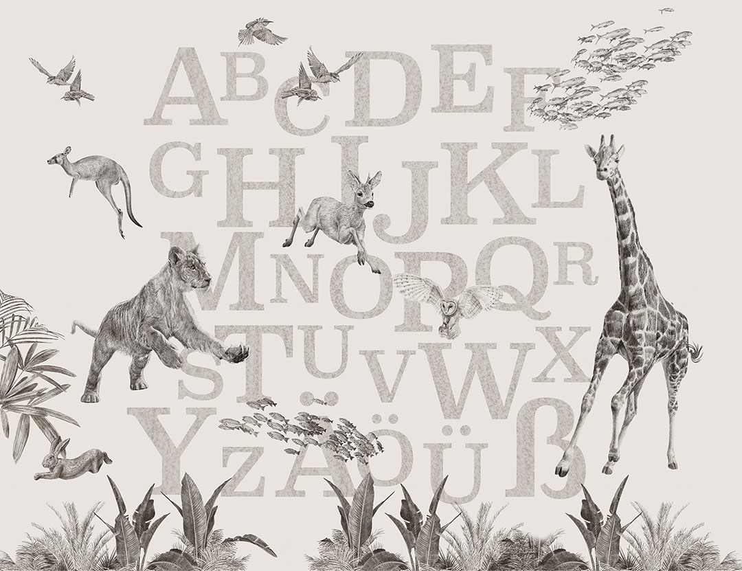Graue deutsche Alphabet-Fototapete mit detaillierten Tieren