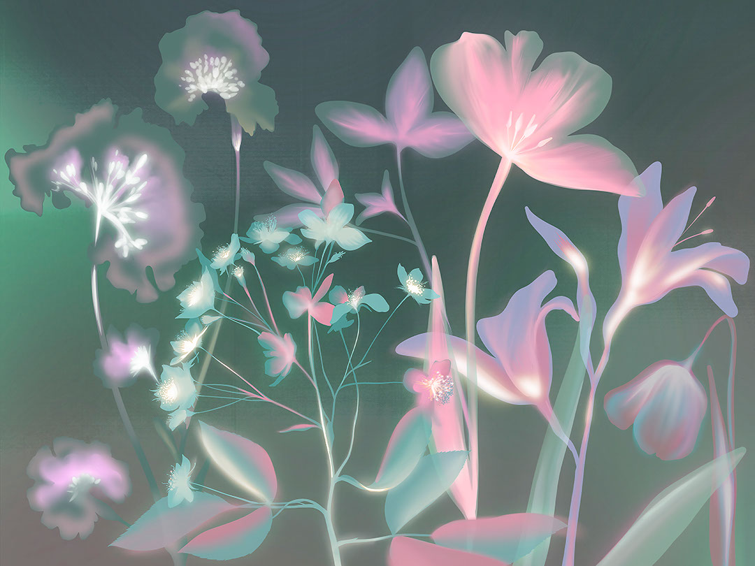 Bunte Blumenabdrücke mit grünem Röntgeneffekt Fototapete