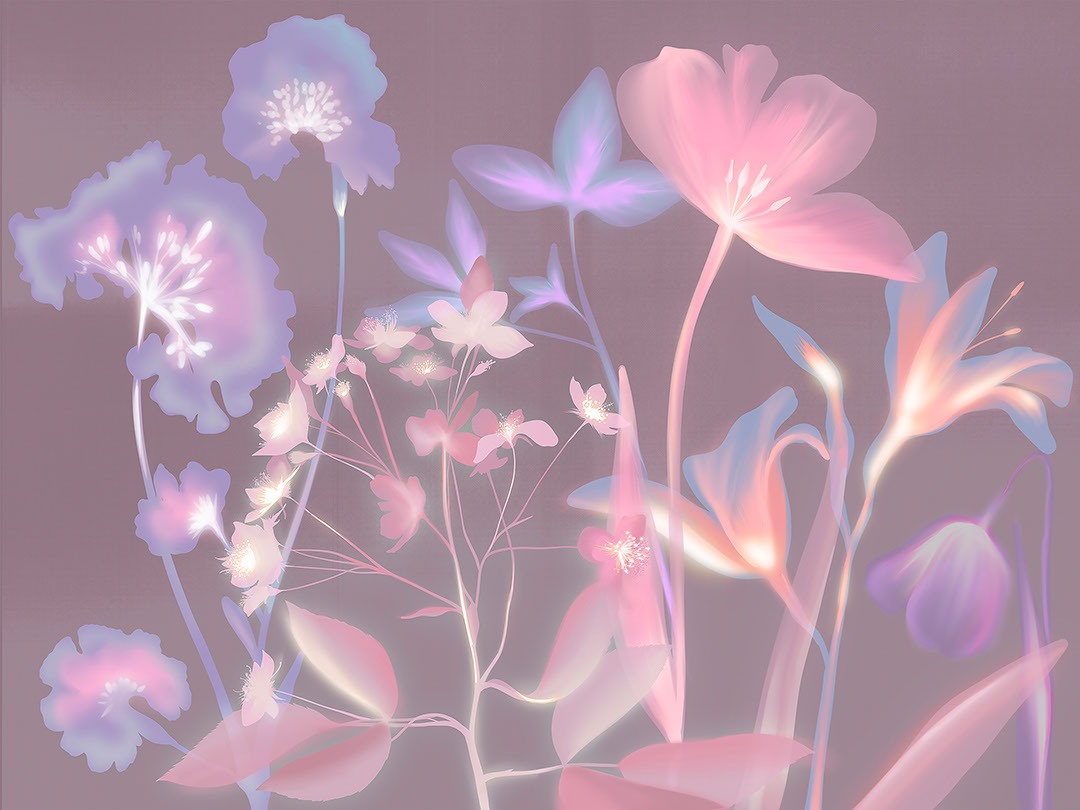 Bunte Blumenabdrücke mit rosa Röntgeneffekt Fototapete
