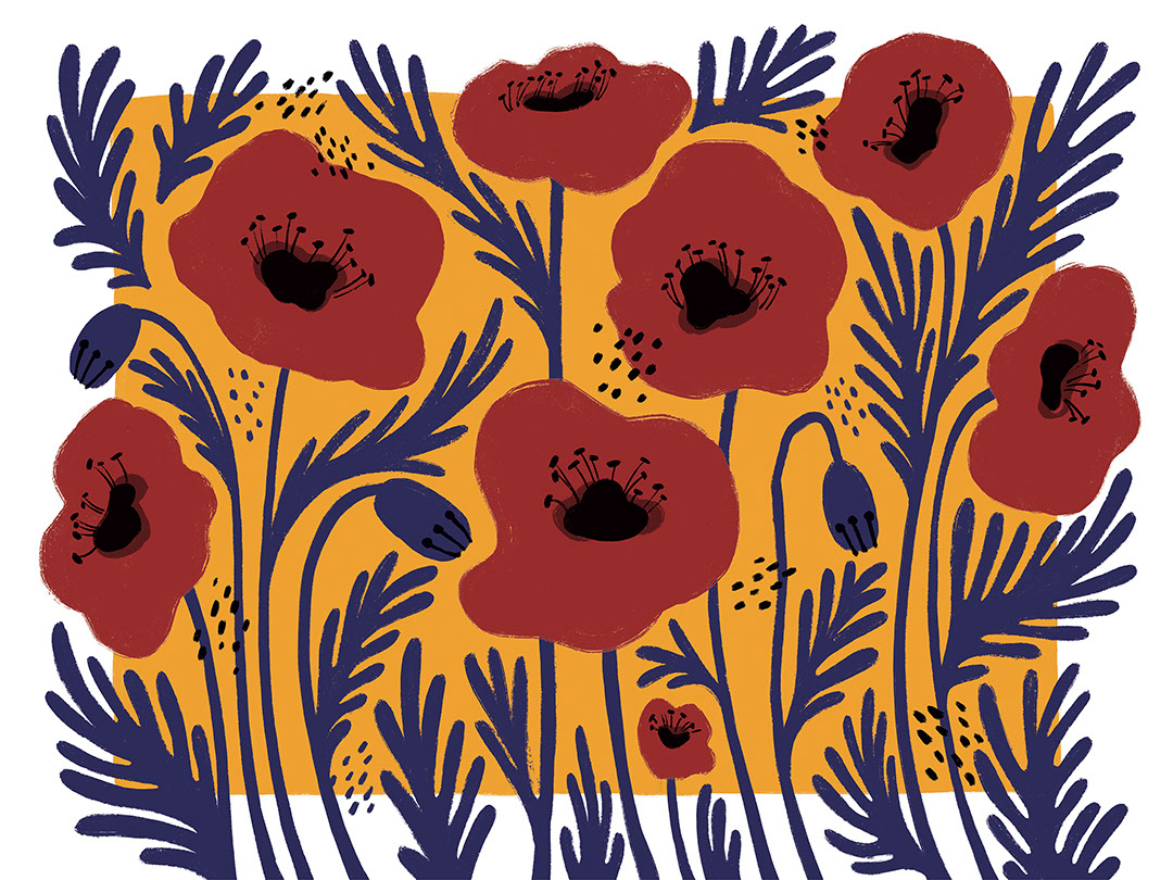 Rote illustrierte Blumen Fototapete mit asymmetrischem gelbem Hintergrund