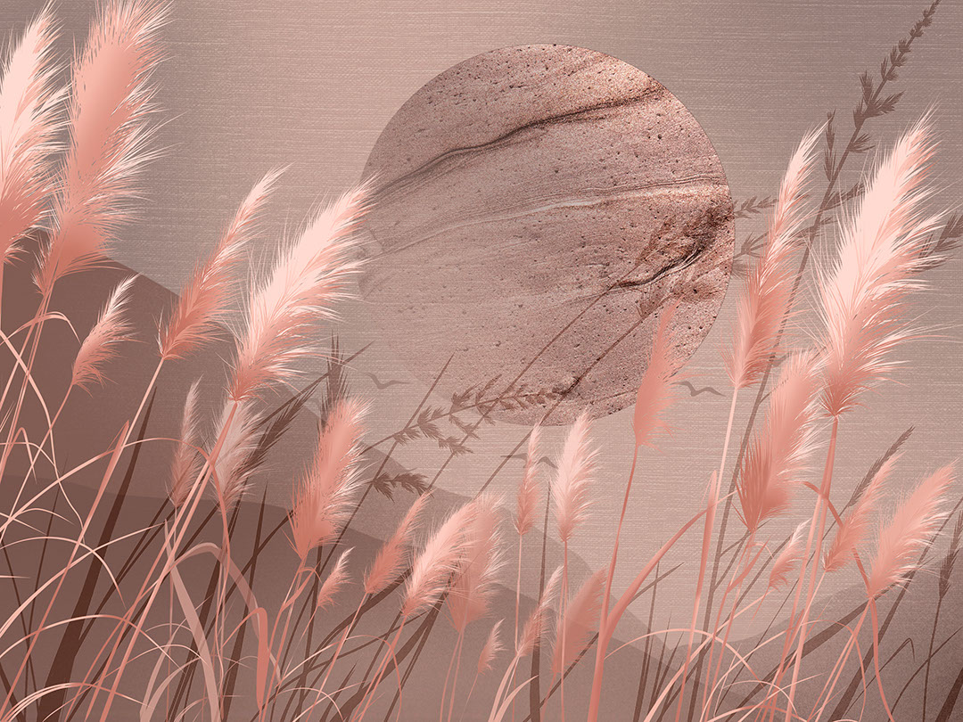 Rosa Grasgrannen und strukturierte metallische Geometrie 3D-Fototapete für das Wohnzimmer