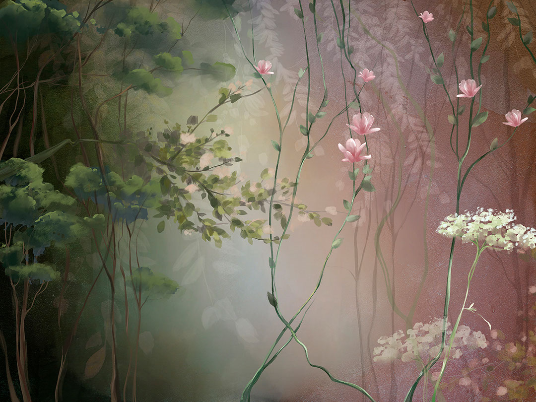 Zarte rosa und grüne Blumen-Fototapete